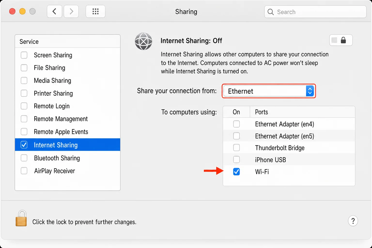 macOS Internet Sharing configuration panel showing Share your connection from Ethernet and To computers using Wi-Fi checkbox selected