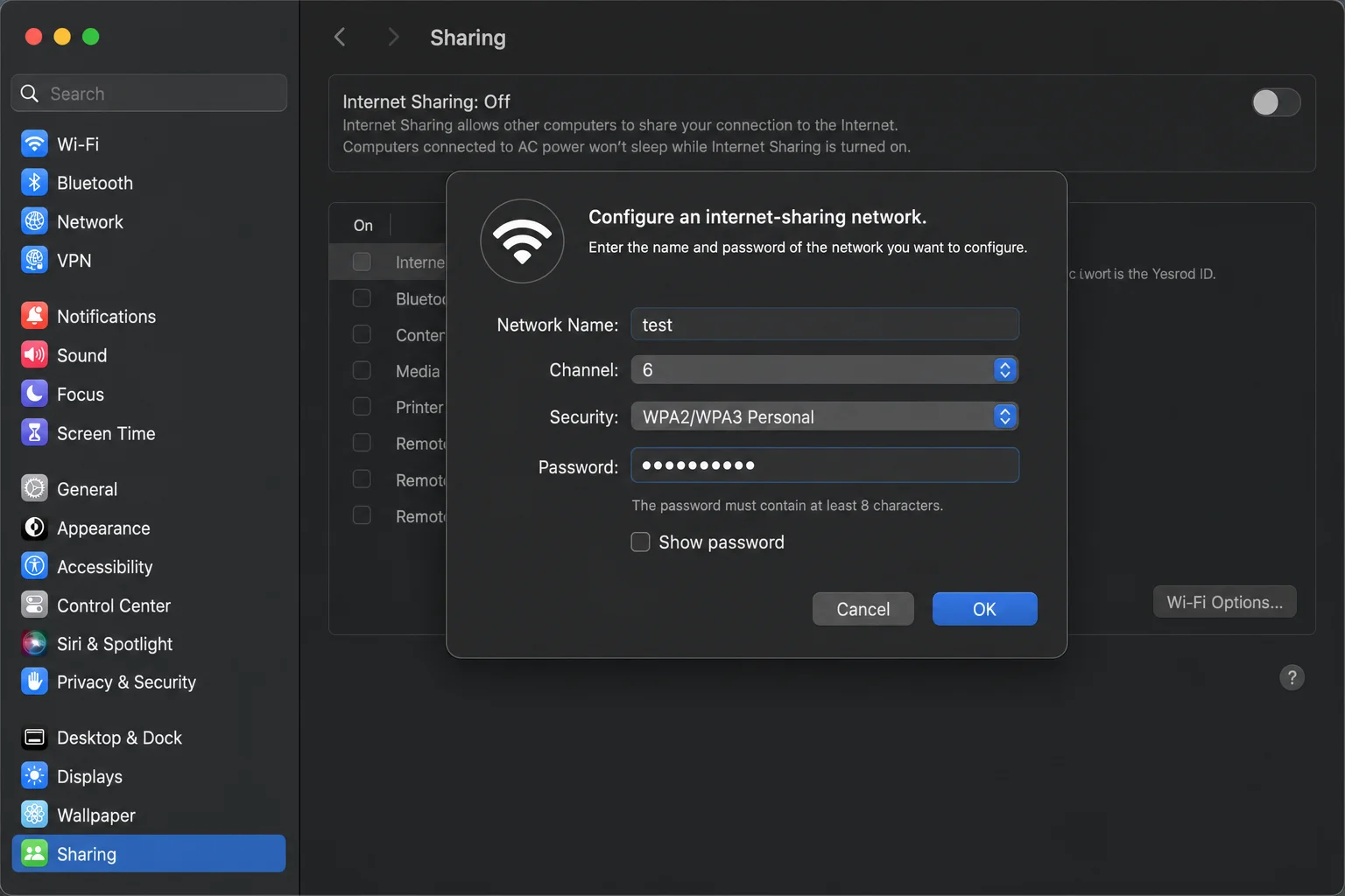 macOS Internet Sharing Wi-Fi Options dialog showing network name, security type WPA2/WPA3, and password fields