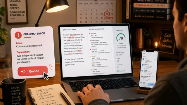 A workspace with a laptop showing editing suggestions, a large Grammarly error panel reading 'GRAMMAR ERROR', a desk lamp, calendar, books, and a person typing on the laptop. - how-to-be-the-next-hemingway-three-editing-tools-for-writers-featured