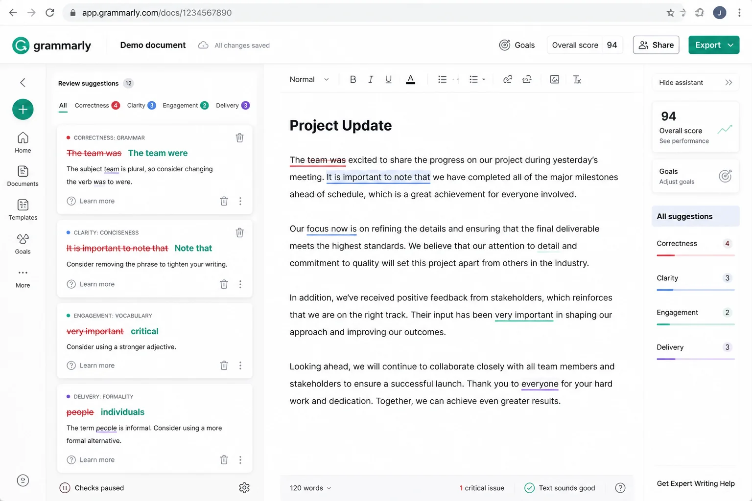 Modern writing and proofreading workspace showing a draft beside clear editing suggestions