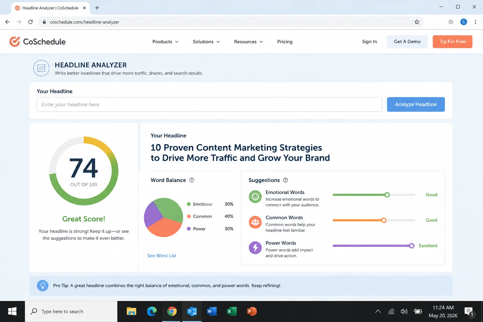 CoSchedule Headline Analyzer showing an improved headline and its updated score