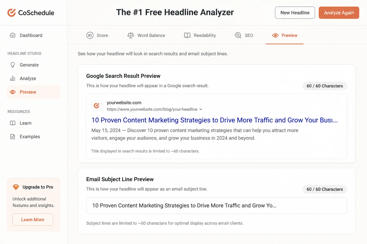 CoSchedule Headline Analyzer showing search and email headline previews with truncation visible