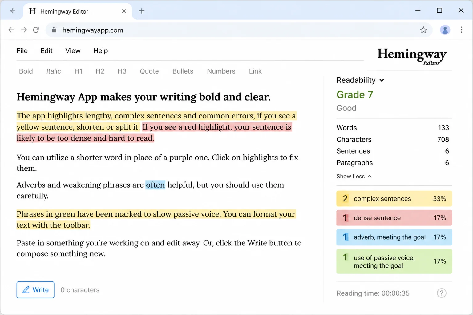 Hemingway Editor home screen with sample text, editing area, and readability panel visible