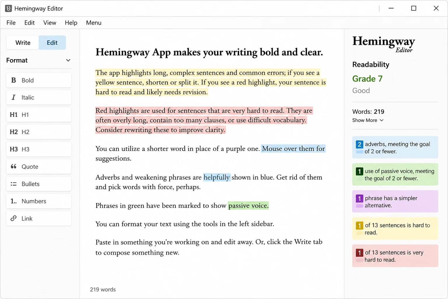 Hemingway Editor with the Edit mode control highlighted above pasted text