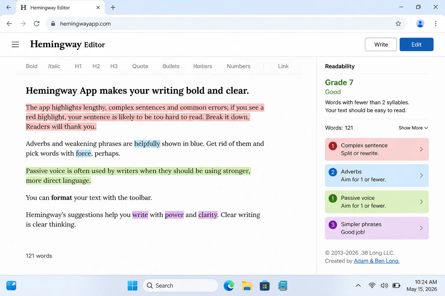 Hemingway Editor showing colored highlights for difficult sentences, adverbs, passive voice, and simpler phrases
