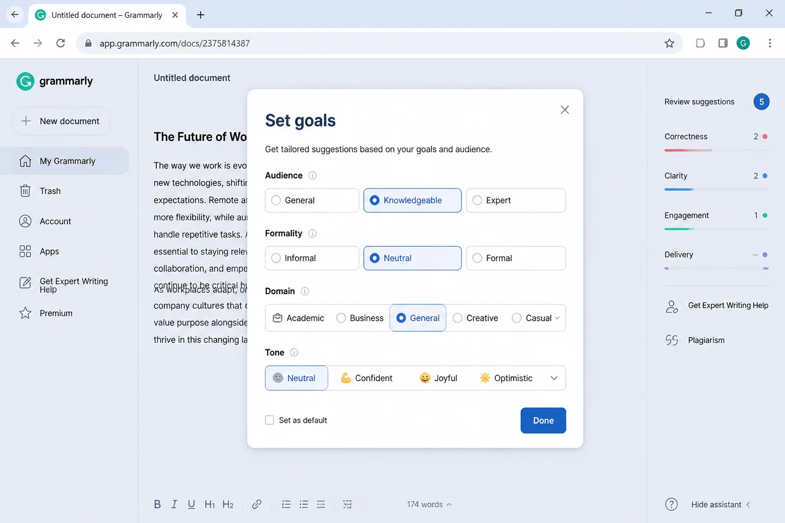 Grammarly document editor with writing goals or audience settings open