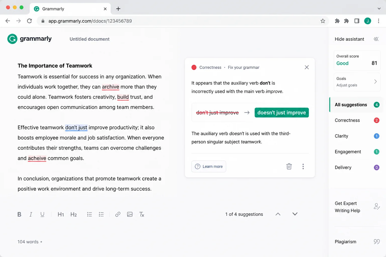 Grammarly editor showing a grammar suggestion card with the correction and explanation visible