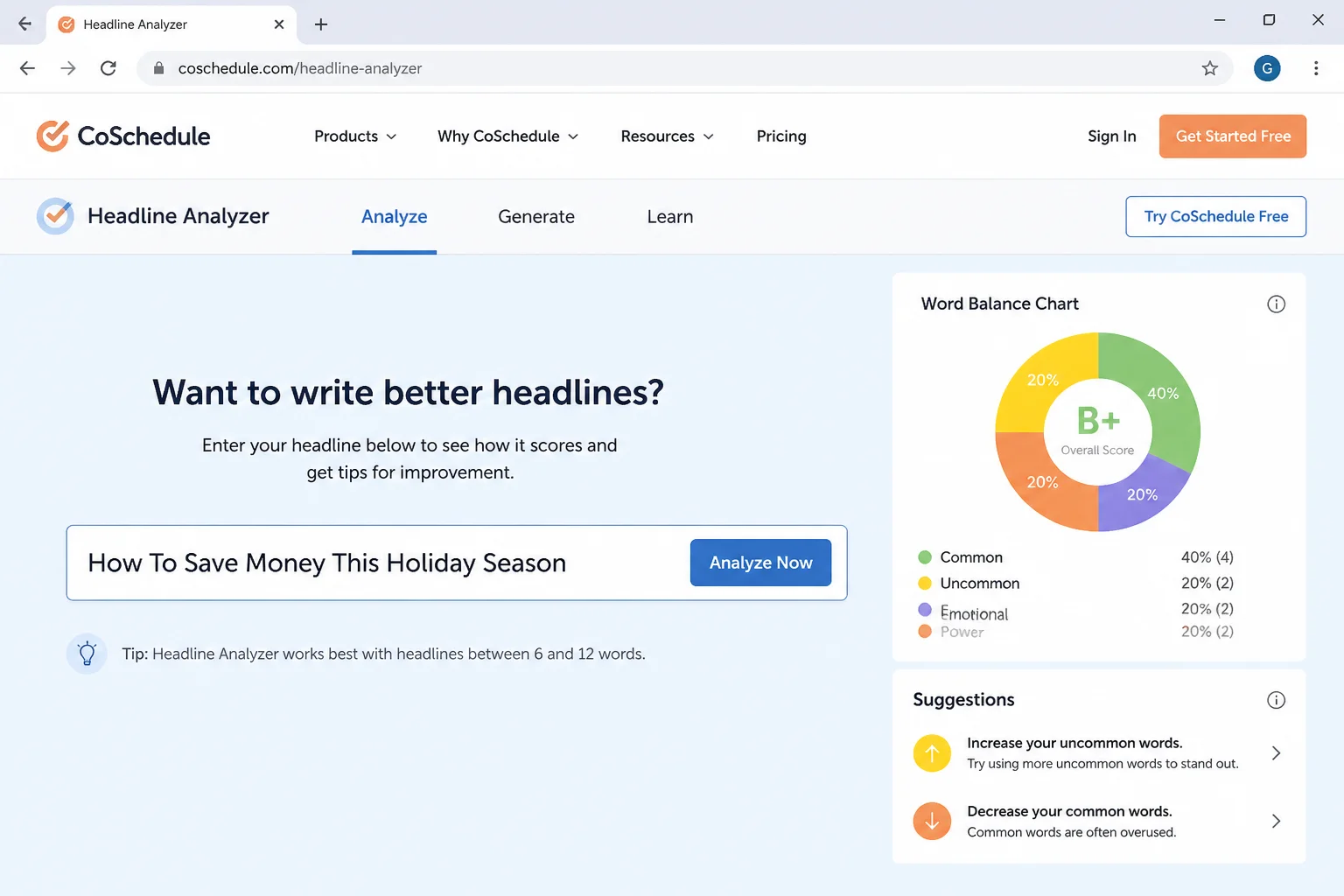 CoSchedule Headline Analyzer page with the headline entry field and analysis control visible