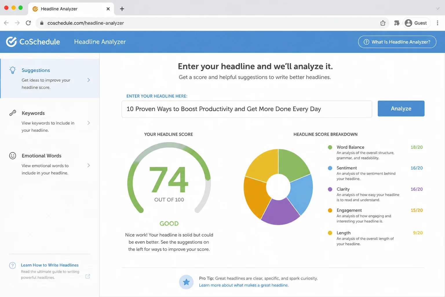 CoSchedule Headline Analyzer results for an initial headline with its score and improvement suggestions visible