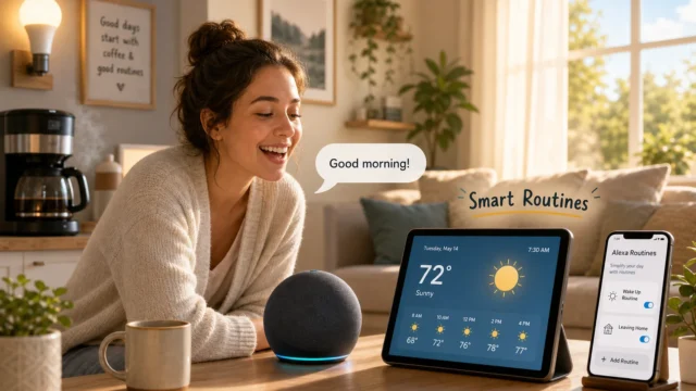 Woman smiles at a kitchen counter with a smart speaker and tablet showing a weather forecast, sun icon; a phone shows routines, conveying a smart morning routine setup - how-to-create-a-routine-with-amazon-alexa-featured