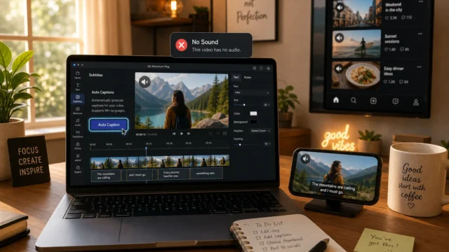 A laptop on a desk showing video editing software with an 'Auto Caption' button, mountains on screen, and a smartphone displaying captions beside it. - how-to-create-video-subtitles-quickly-for-free-featured