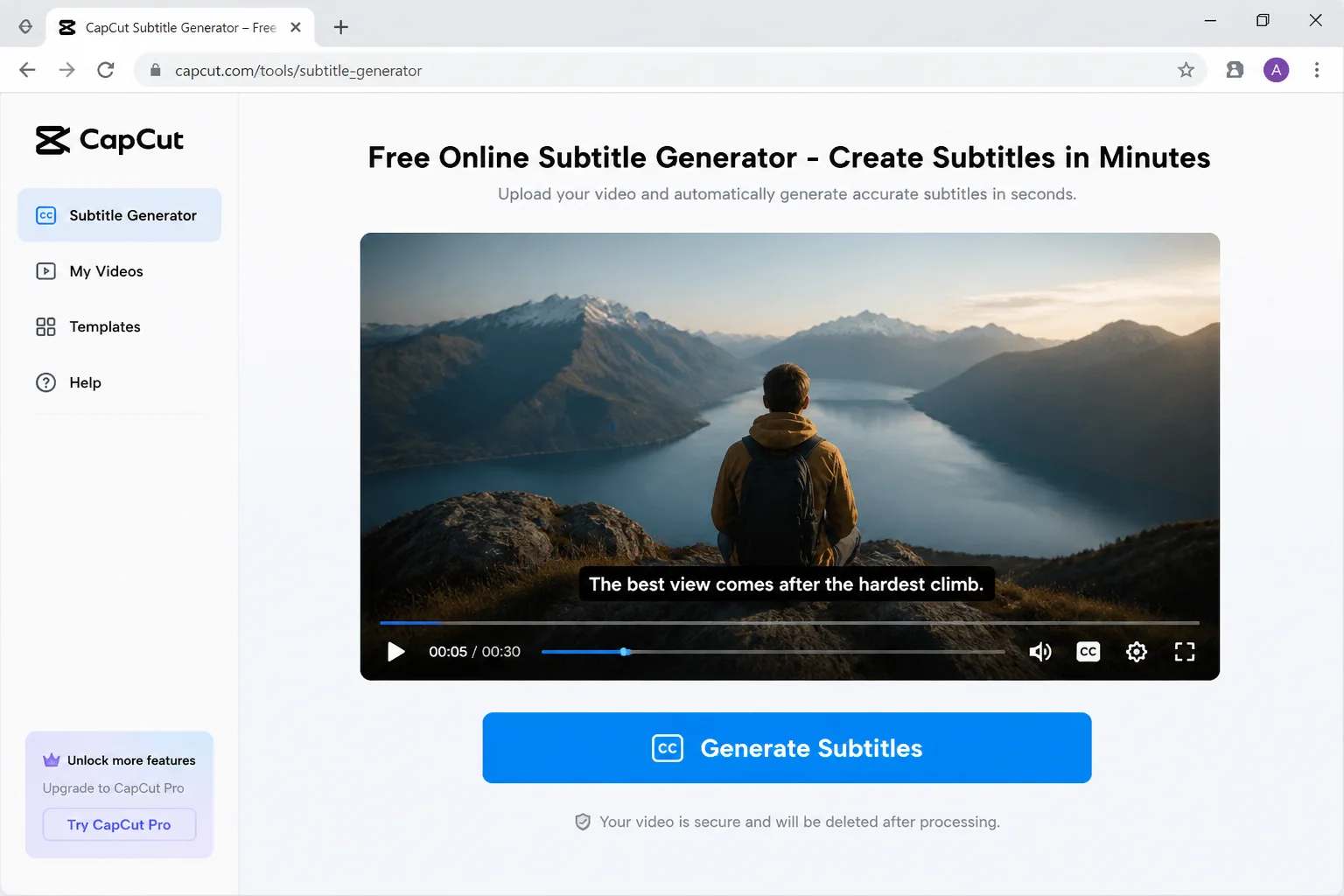 A free subtitle generator web tool showing an uploaded video file and the "Generate captions" or "Auto subtitles" button prominently highlighted in the interface