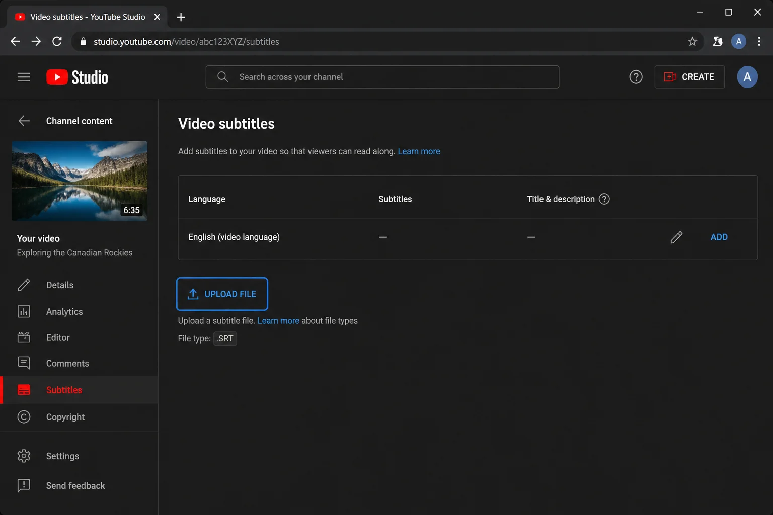 YouTube Studio Subtitles page showing the Upload file option with an edited SRT file selected and ready to publish