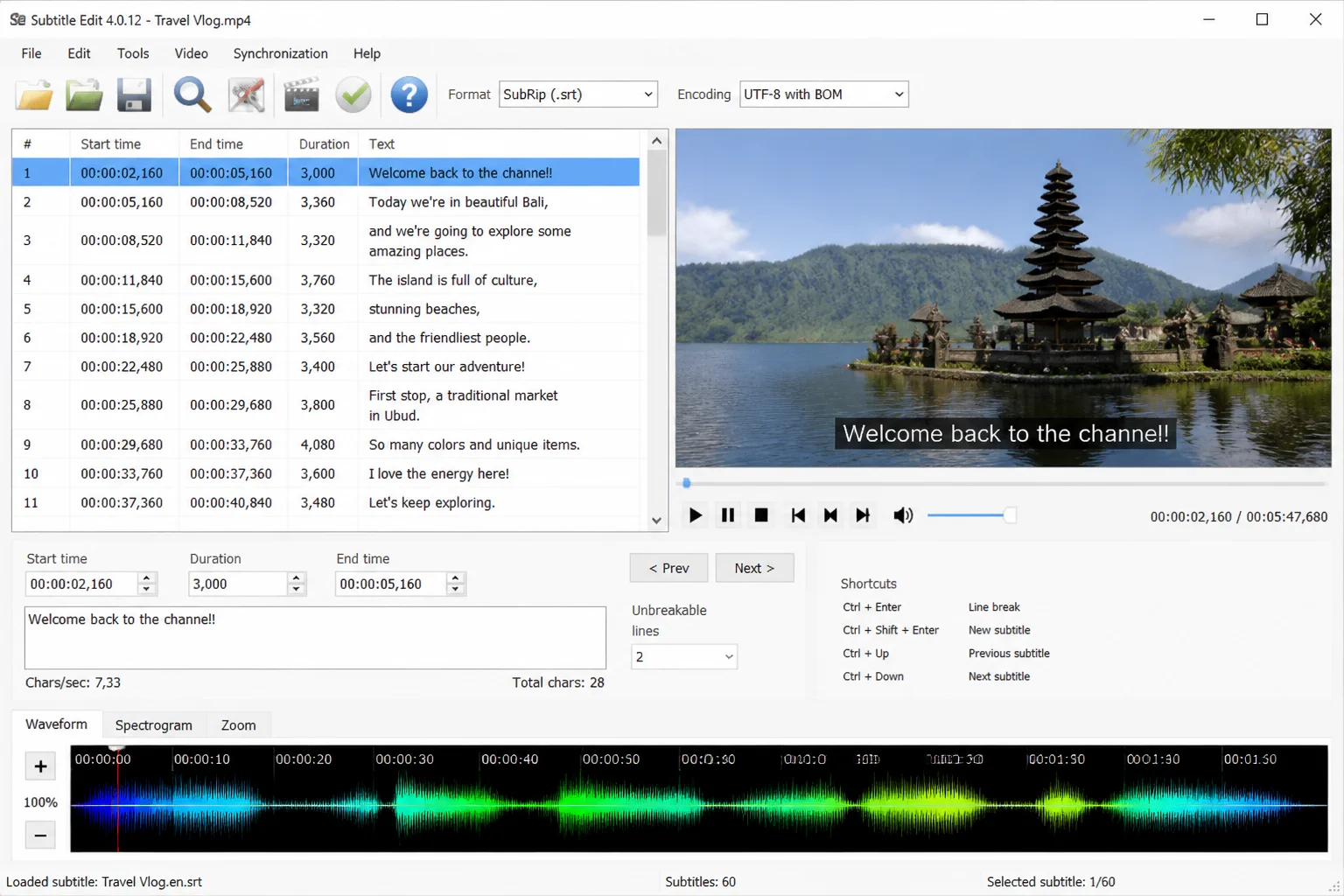 Subtitle Edit desktop application showing a loaded video file, auto-generated subtitle text in the list view, and a waveform at the bottom for timing adjustments