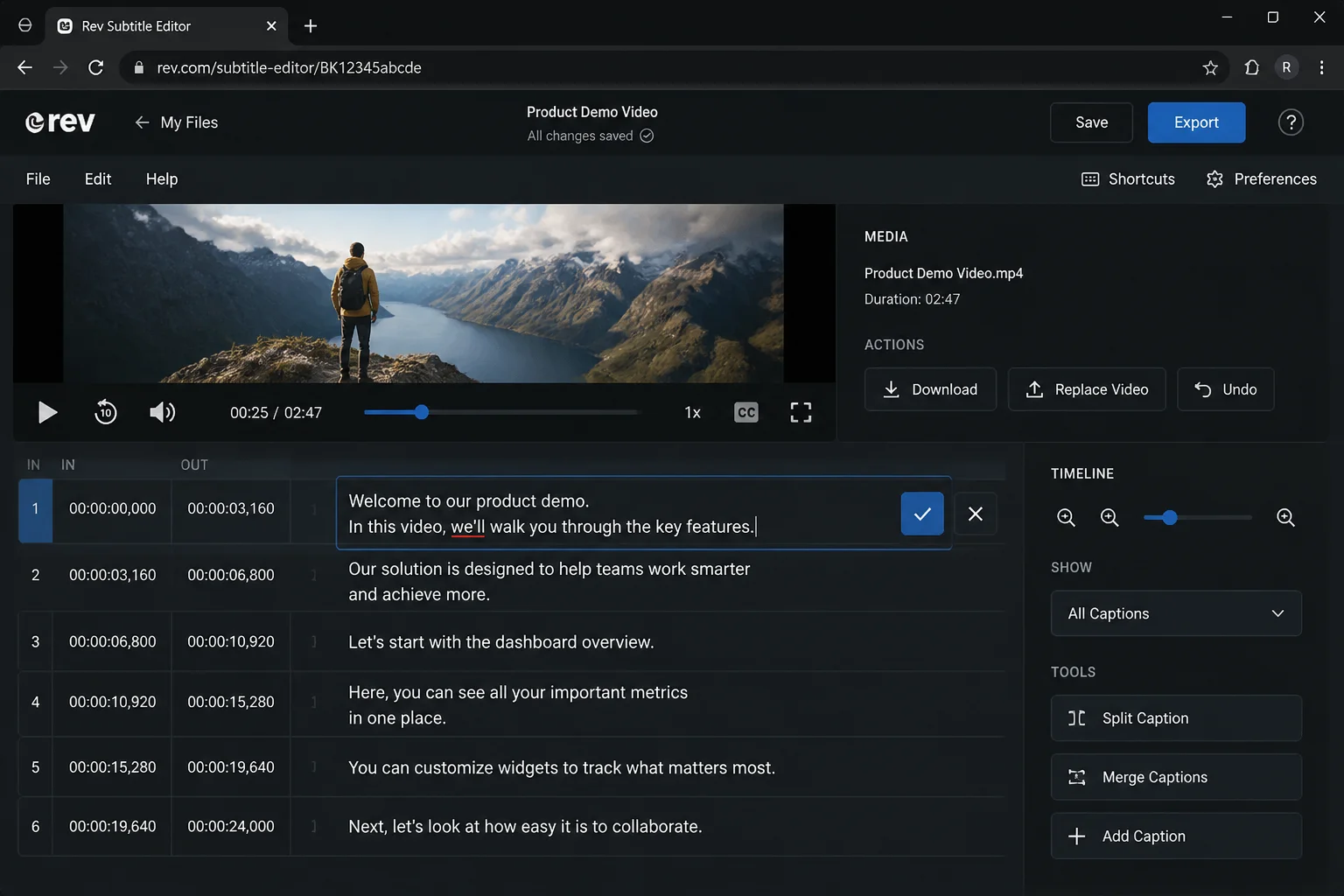 A subtitle caption editor showing timed caption segments in a list with an edit field open and a corrected word being typed
