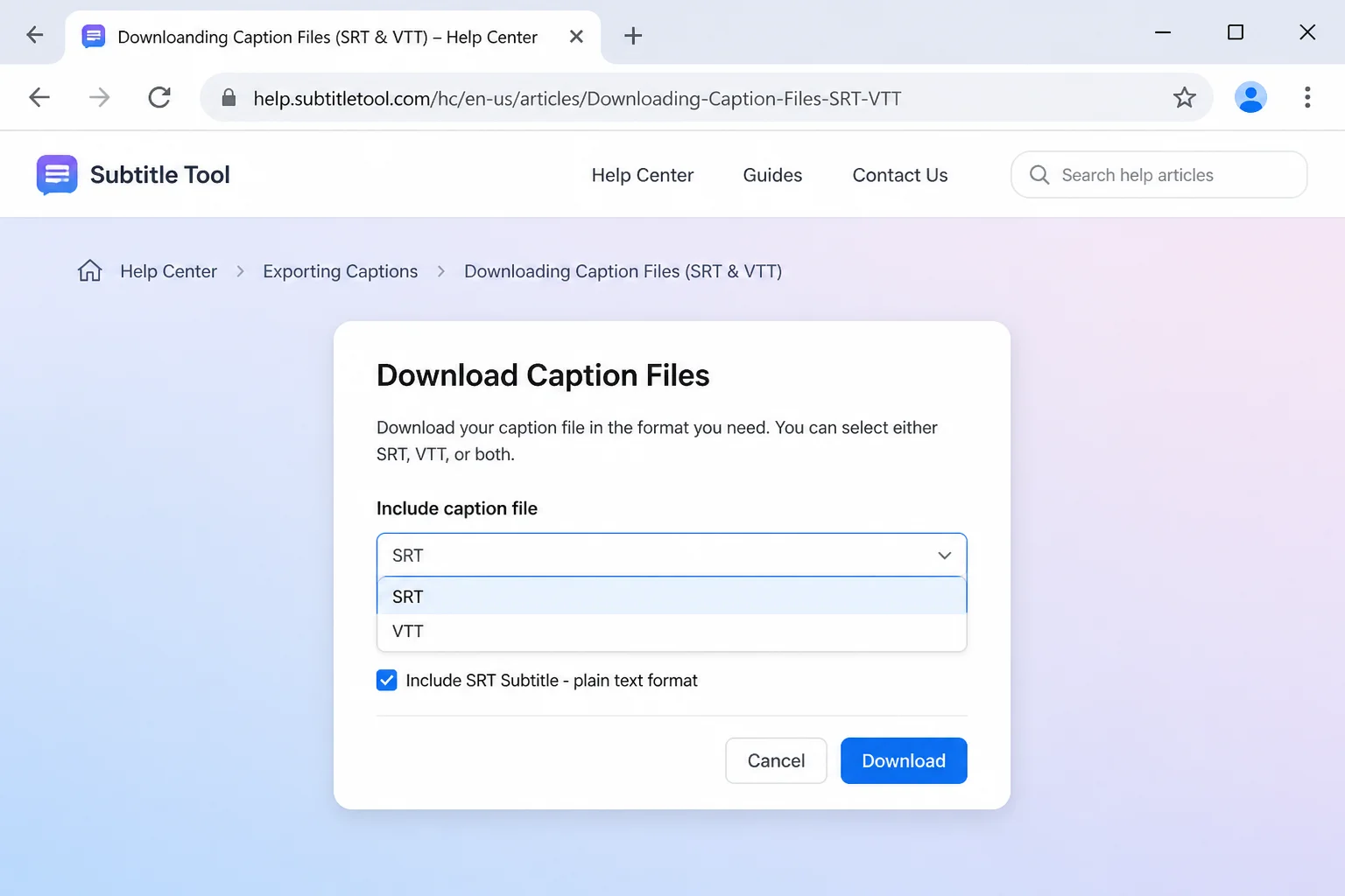 Subtitle tool export dialog showing the option to download as an MP4 with burned-in captions or as a separate SRT/VTT subtitle file