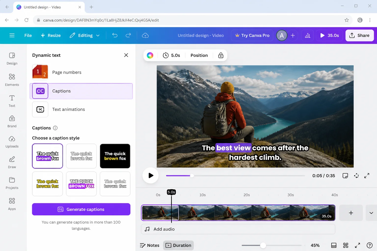 Canva video editor with the Text > Dynamic text > Captions panel open, showing caption style presets and the Generate captions button highlighted