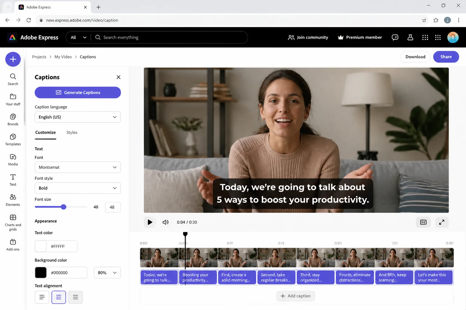 Adobe Express video caption tool showing an uploaded video with auto-generated caption overlays and font style options in the sidebar panel