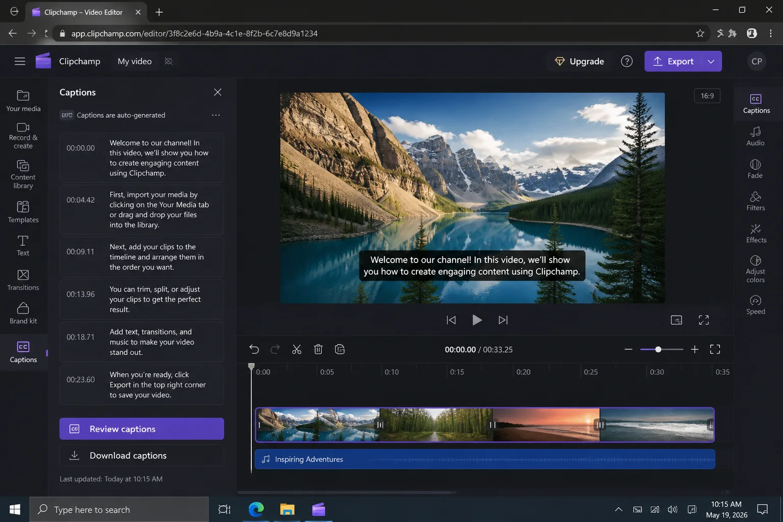 Clipchamp video editor with the Captions panel open on the left showing auto-generated caption text in a list, and the Export button visible in the top-right corner