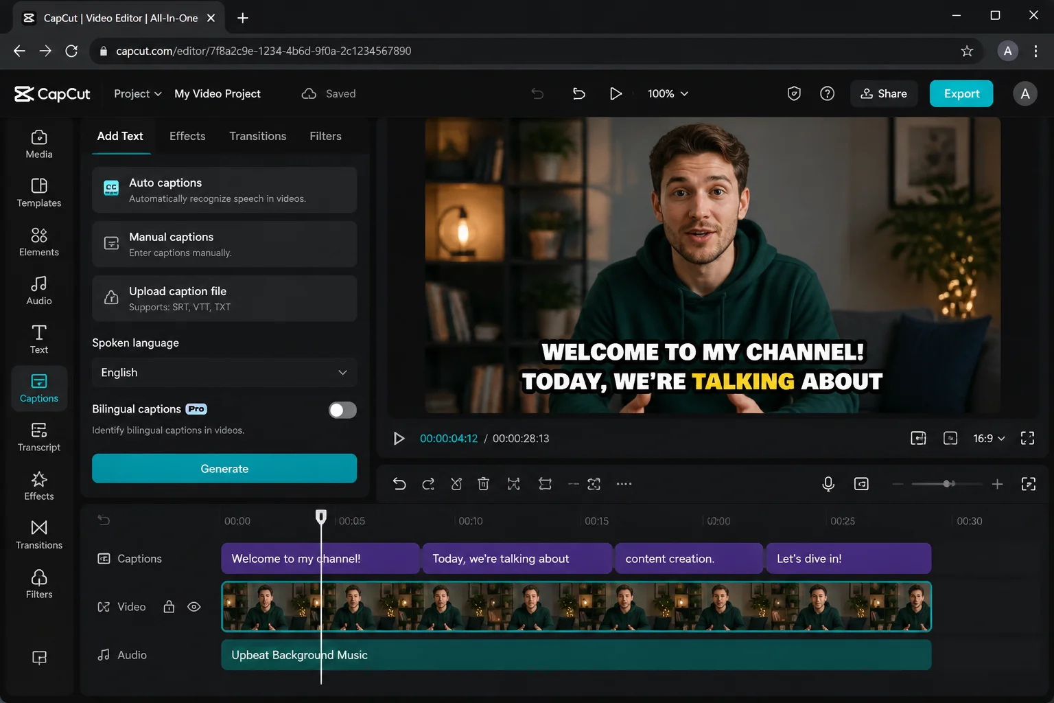 CapCut web editor with the Captions panel open, Auto captions selected, and stylized caption overlays visible on the video preview canvas