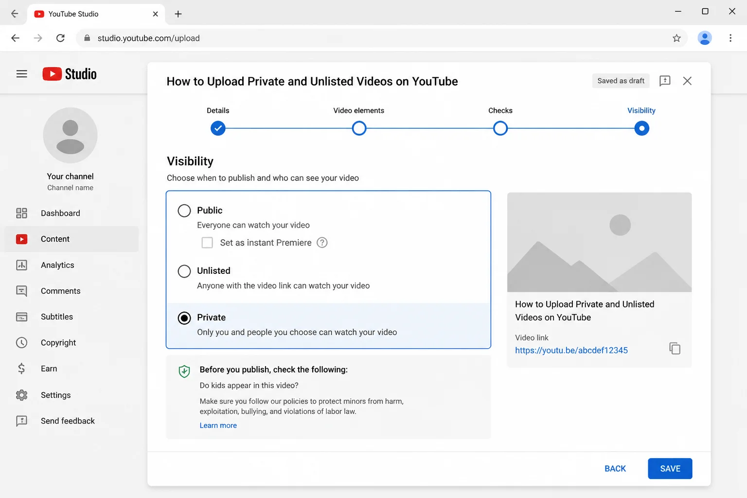 YouTube upload page with the visibility option set to Private before any video file has been added