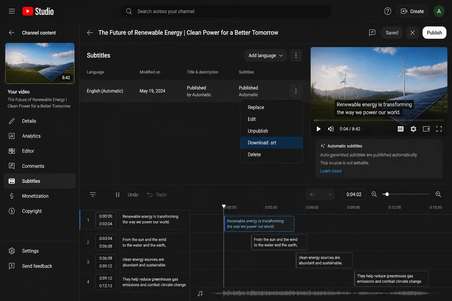 YouTube Studio Subtitles page showing a video's auto-generated English caption track with the three-dot menu expanded and the "Download .srt" option highlighted