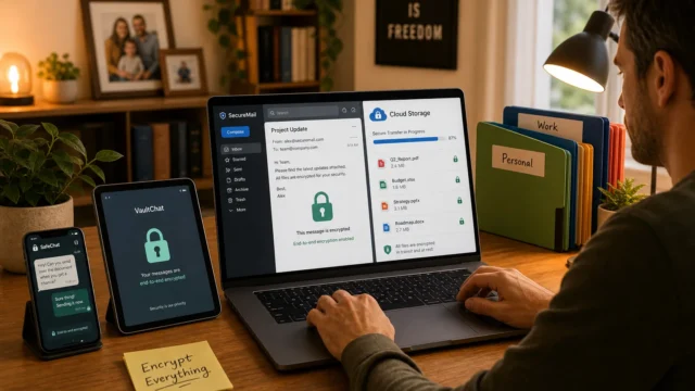 Privacy-focused workspace: laptop shows encrypted email, tablet and phone display encryption apps, with a plant and labeled folders nearby. - how-to-encrypt-all-your-online-data-featured