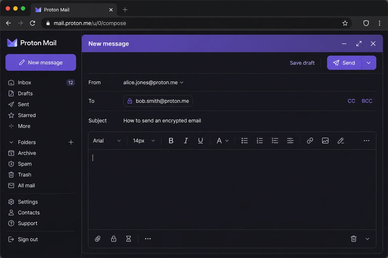 ProtonMail inbox showing the compose window with an end-to-end encryption padlock indicator visible, confirming the message is encrypted before sending