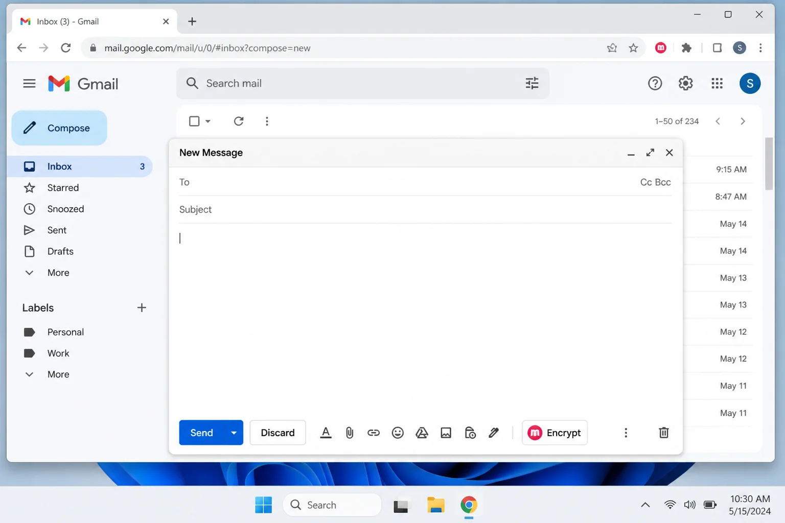 Mailvelope browser extension active in Chrome while Gmail is open, showing the encrypted compose button integrated into the Gmail compose window