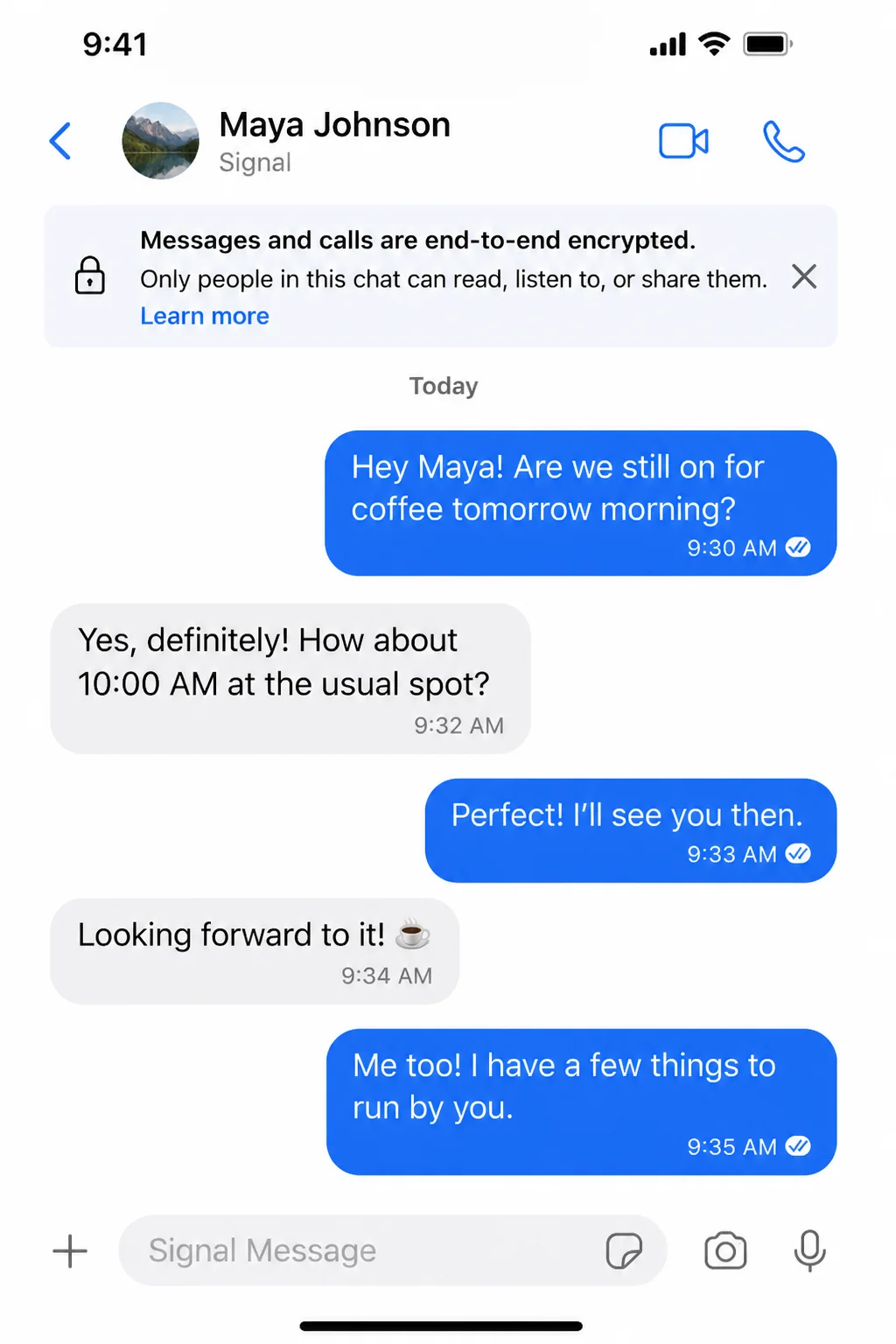 Signal app showing an active conversation with the "Messages are end-to-end encrypted" notice visible below the chat thread
