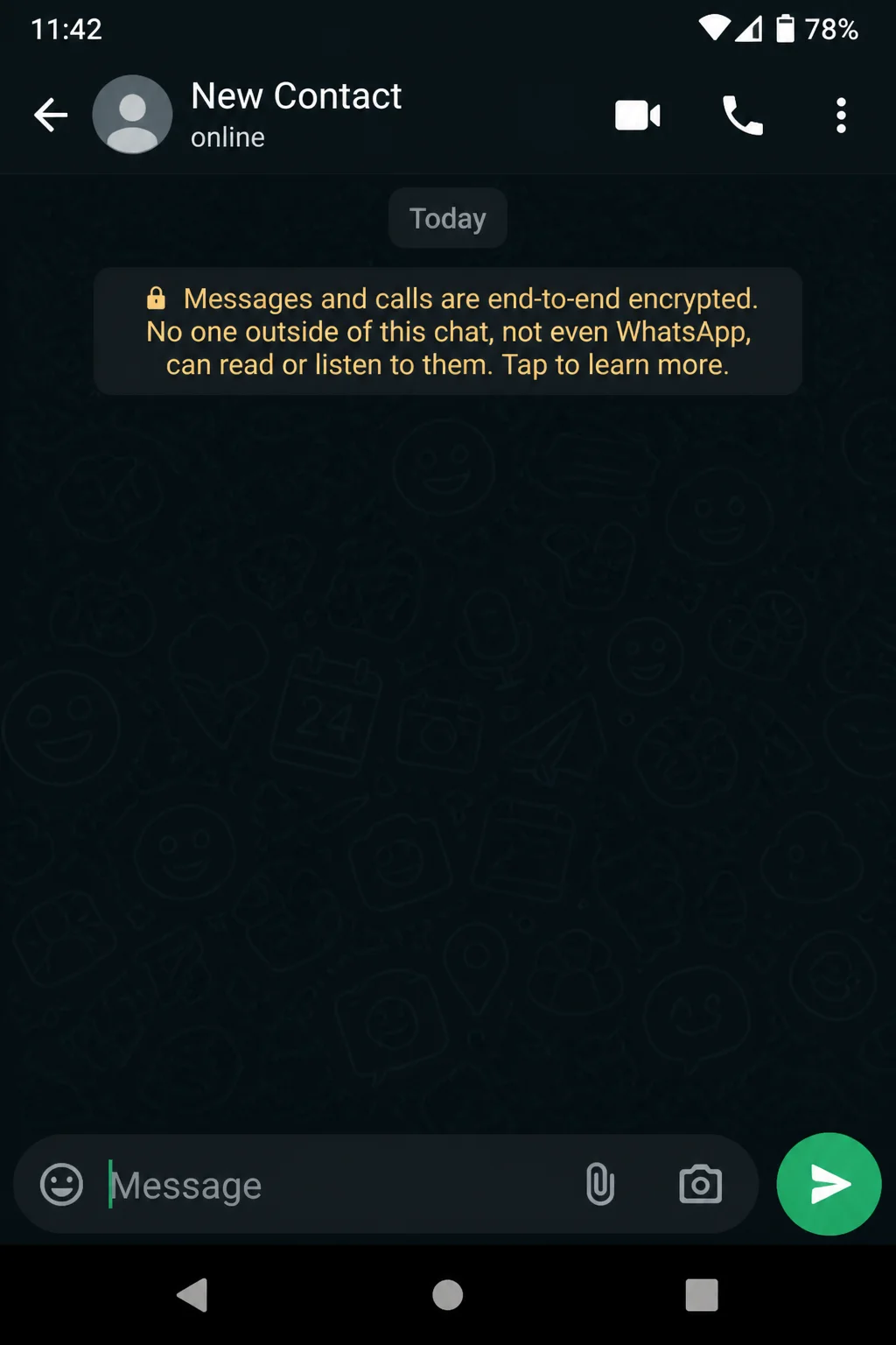 WhatsApp showing the "Messages and calls are end-to-end encrypted" notice at the top of a new conversation thread