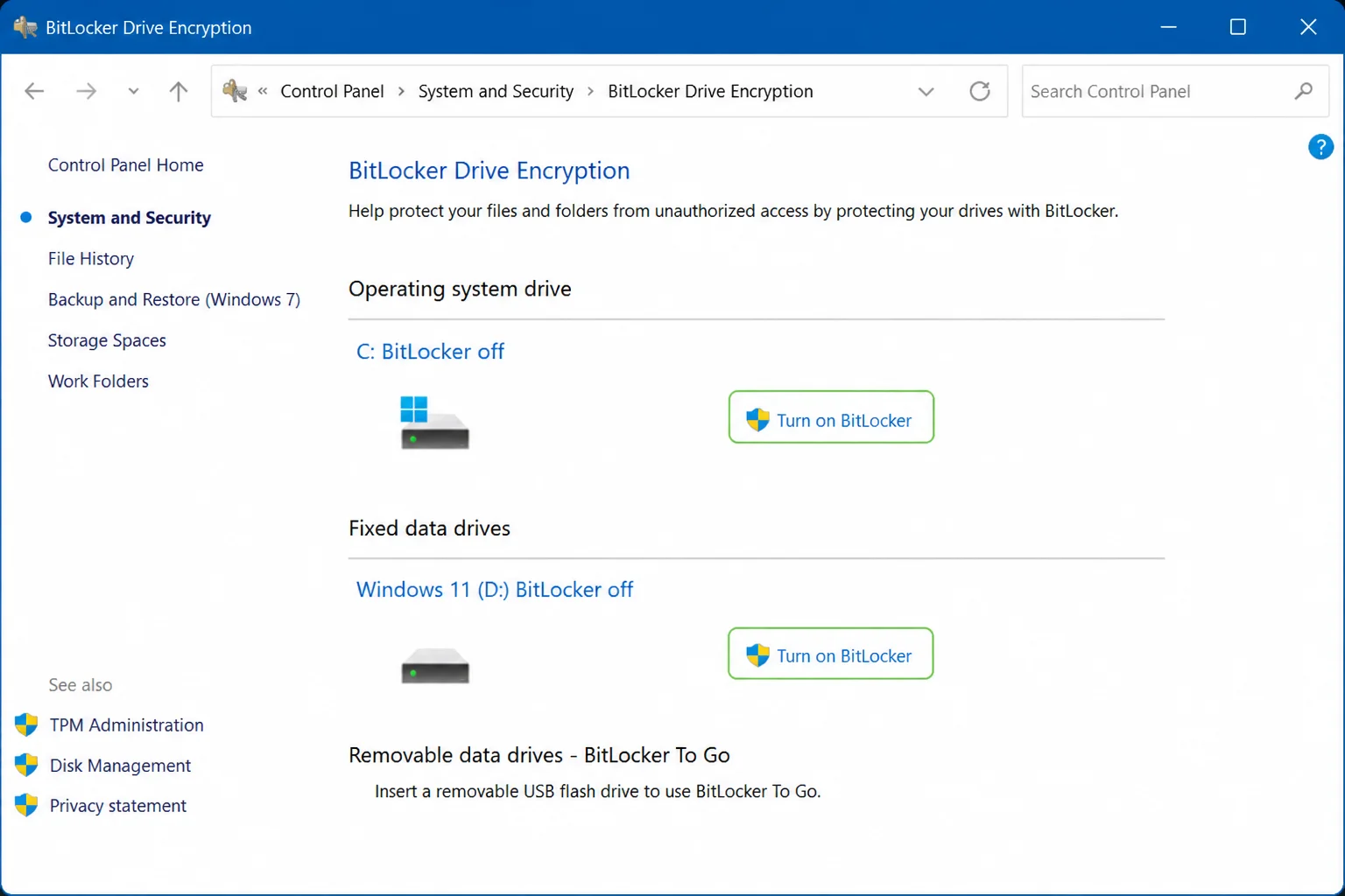 Windows 11 Control Panel showing BitLocker Drive Encryption page with a local drive listed and the "Turn on BitLocker" link highlighted