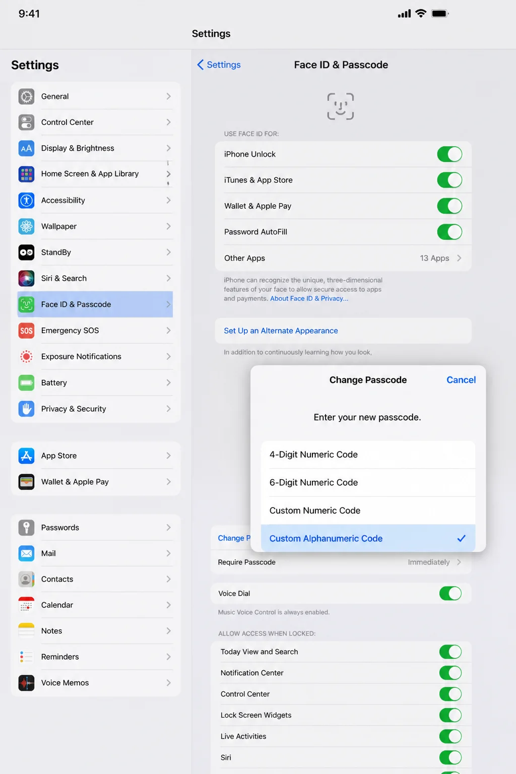 iPhone Settings showing Face ID & Passcode page with the "Change Passcode" option open and "Custom Alphanumeric Code" highlighted as the recommended selection