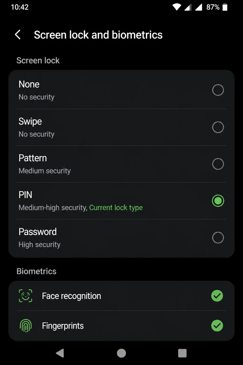Android Settings > Security showing screen lock options with a strong PIN or password type selected and active