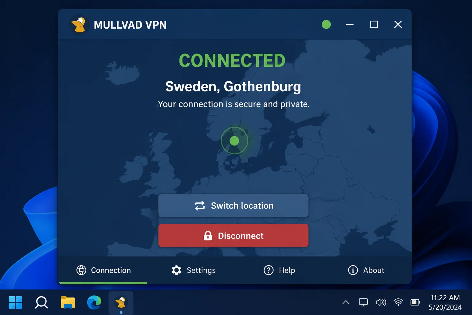 A well-known VPN app such as Mullvad, NordVPN, or ExpressVPN showing a connected state with the encrypted connection status and selected server location displayed