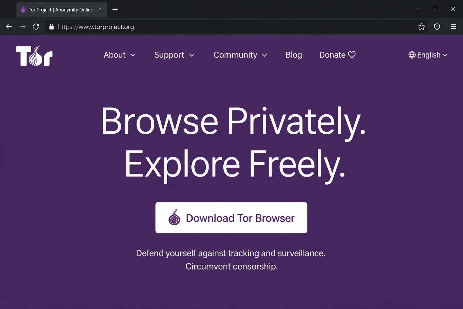 Tor Project homepage showing the Tor Browser download section and a brief explanation of how Tor anonymizes internet traffic