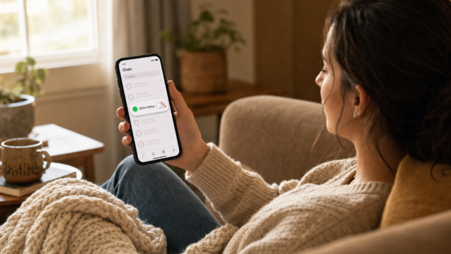 Person lounging on a sofa, holding a phone showing a chat app with an active status toggle visible on screen. - how-to-hide-your-facebook-online-status-featured