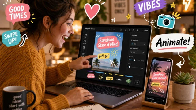 Person smiling while editing a colorful social media post on a laptop, with a phone preview showing the same design and palm trees. - how-to-make-animated-instagram-stories-for-free-featured