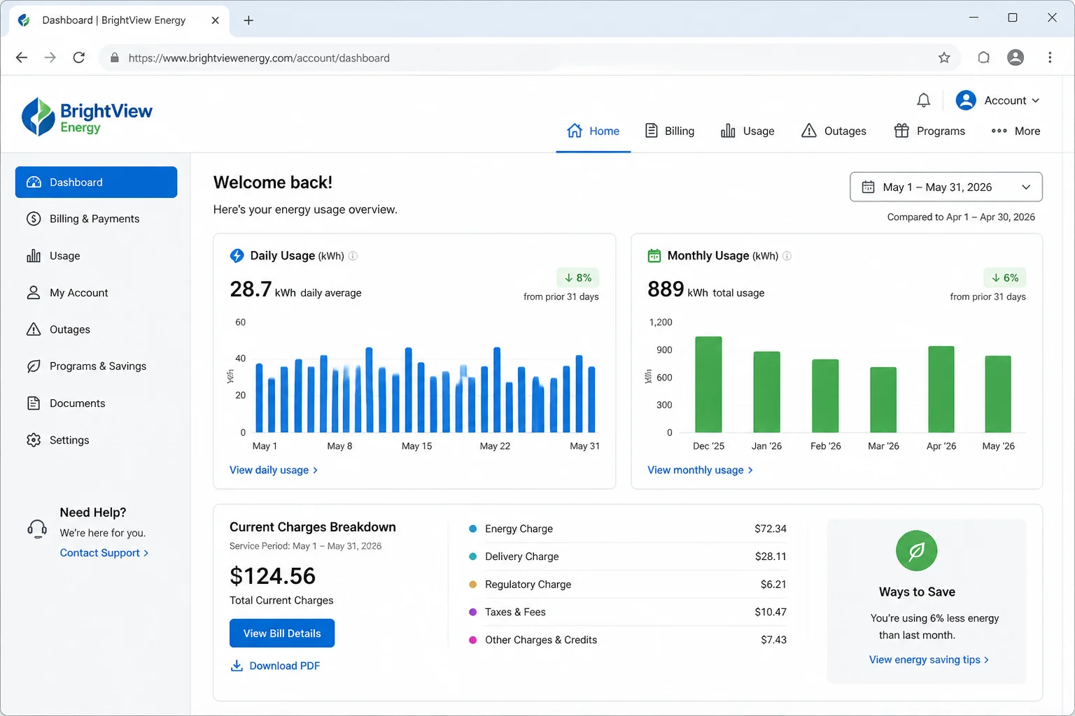 Utility provider online portal showing home energy usage dashboard with daily and monthly kWh charts, cost breakdown, and date range selector