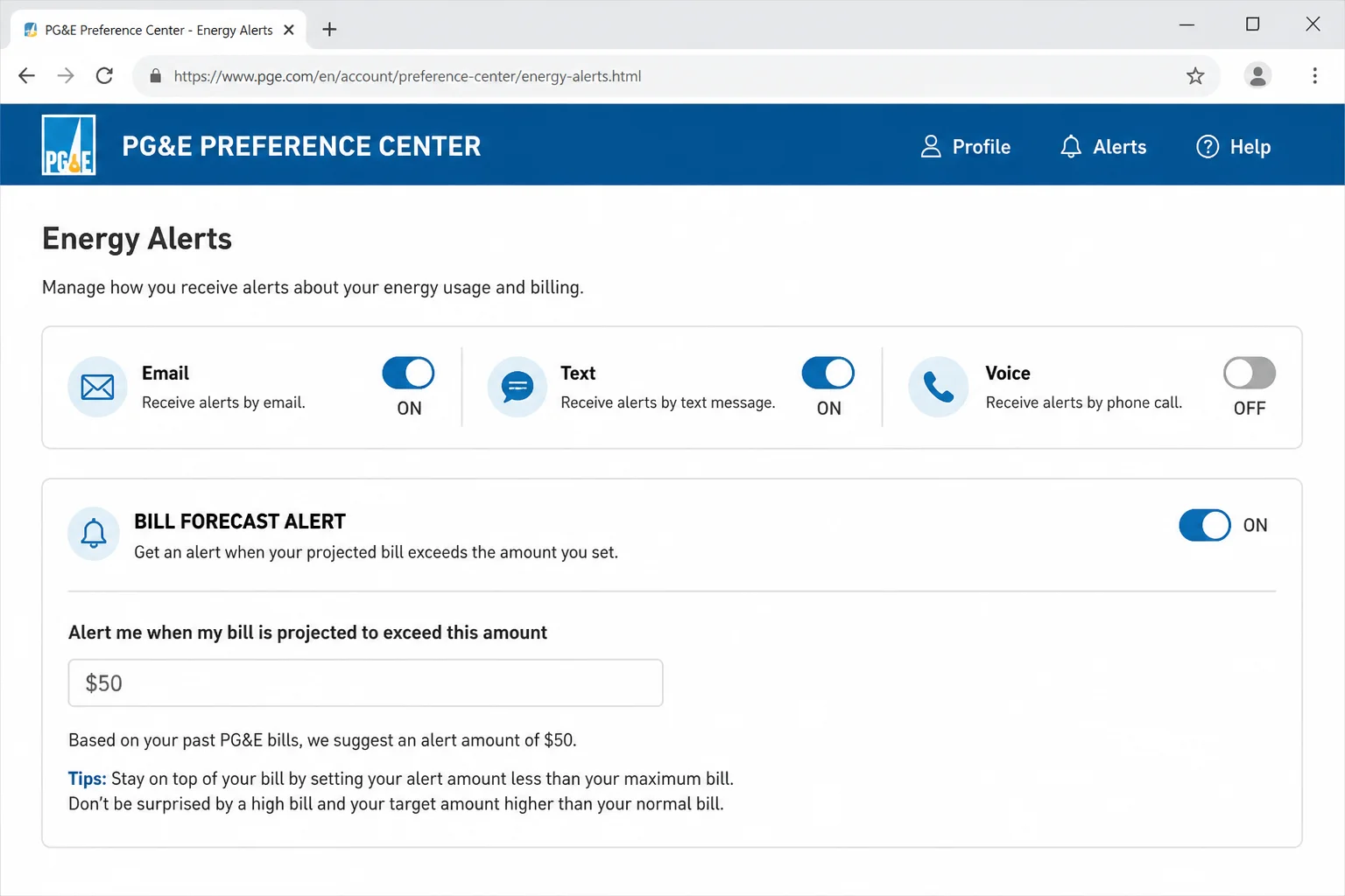 Utility portal alert settings page showing daily kWh threshold and projected monthly bill alert configuration fields