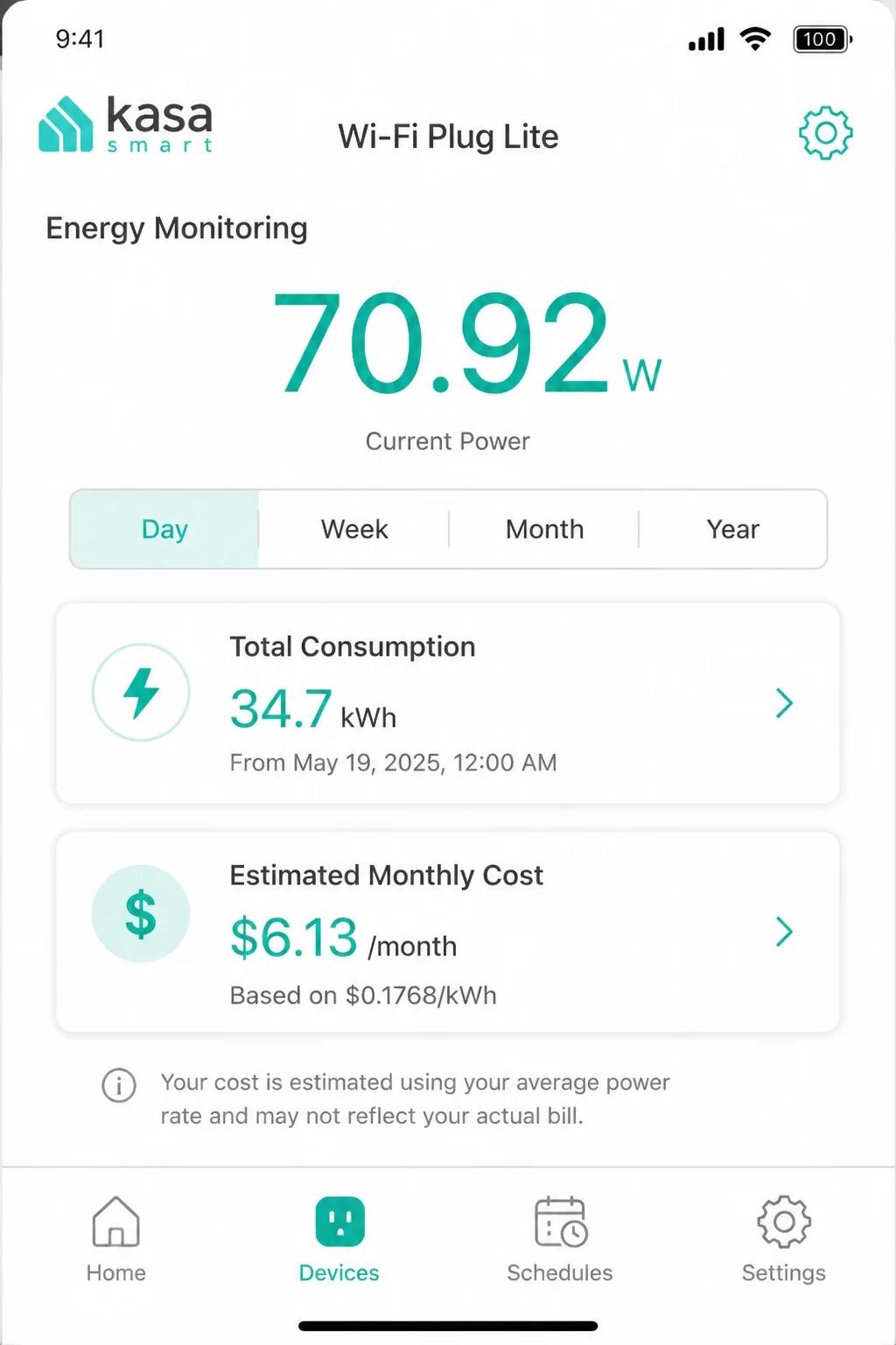 Kasa smart plug app showing real-time wattage, daily kWh total, and estimated monthly cost for a connected appliance