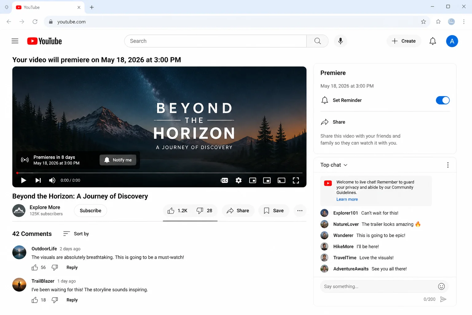 Scheduled Premiere watch page showing start time, reminder control, Share button, comments, and live-chat area where available