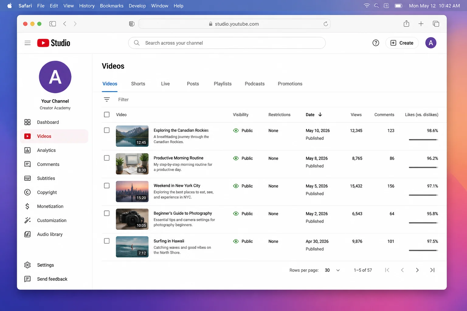 macOS desktop with Safari or Chrome open to YouTube Studio