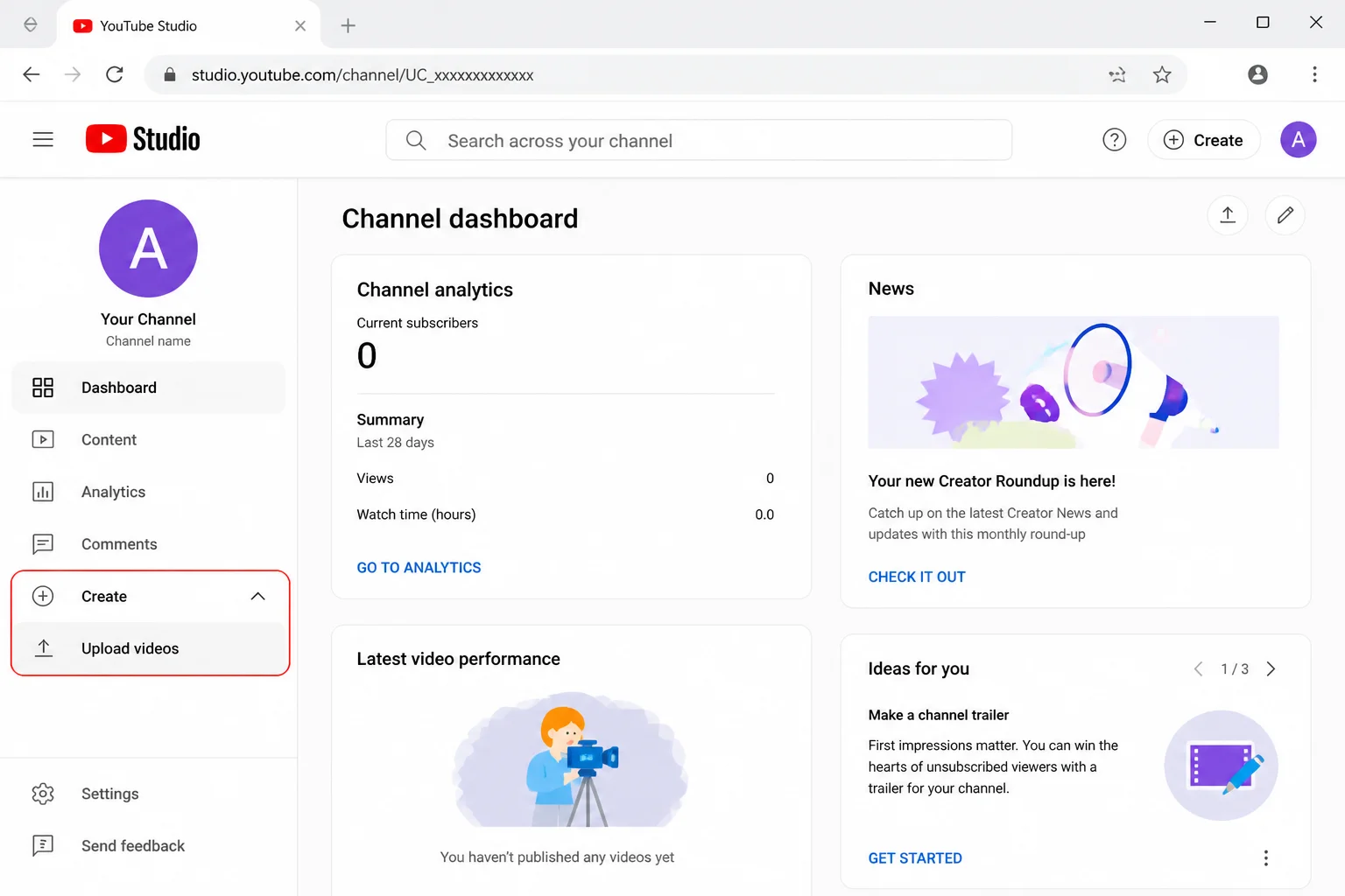 YouTube Studio Create menu open with Create and Upload videos highlighted