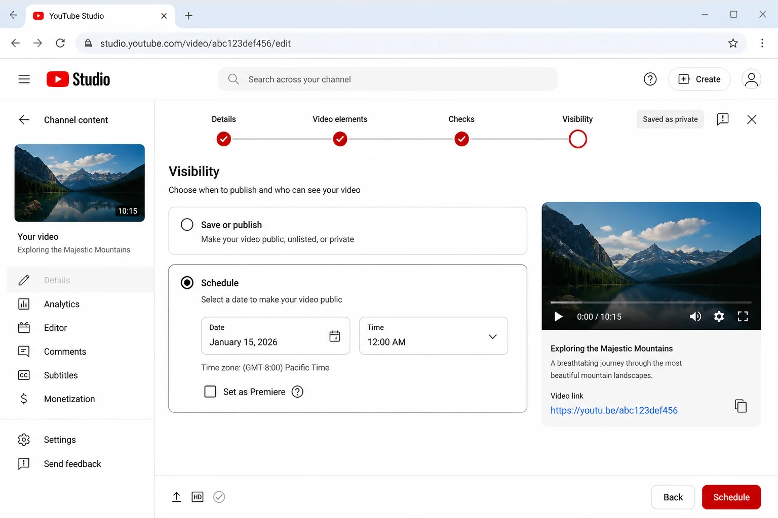 YouTube Studio Visibility screen showing Schedule, date and time fields, and Set as Premiere