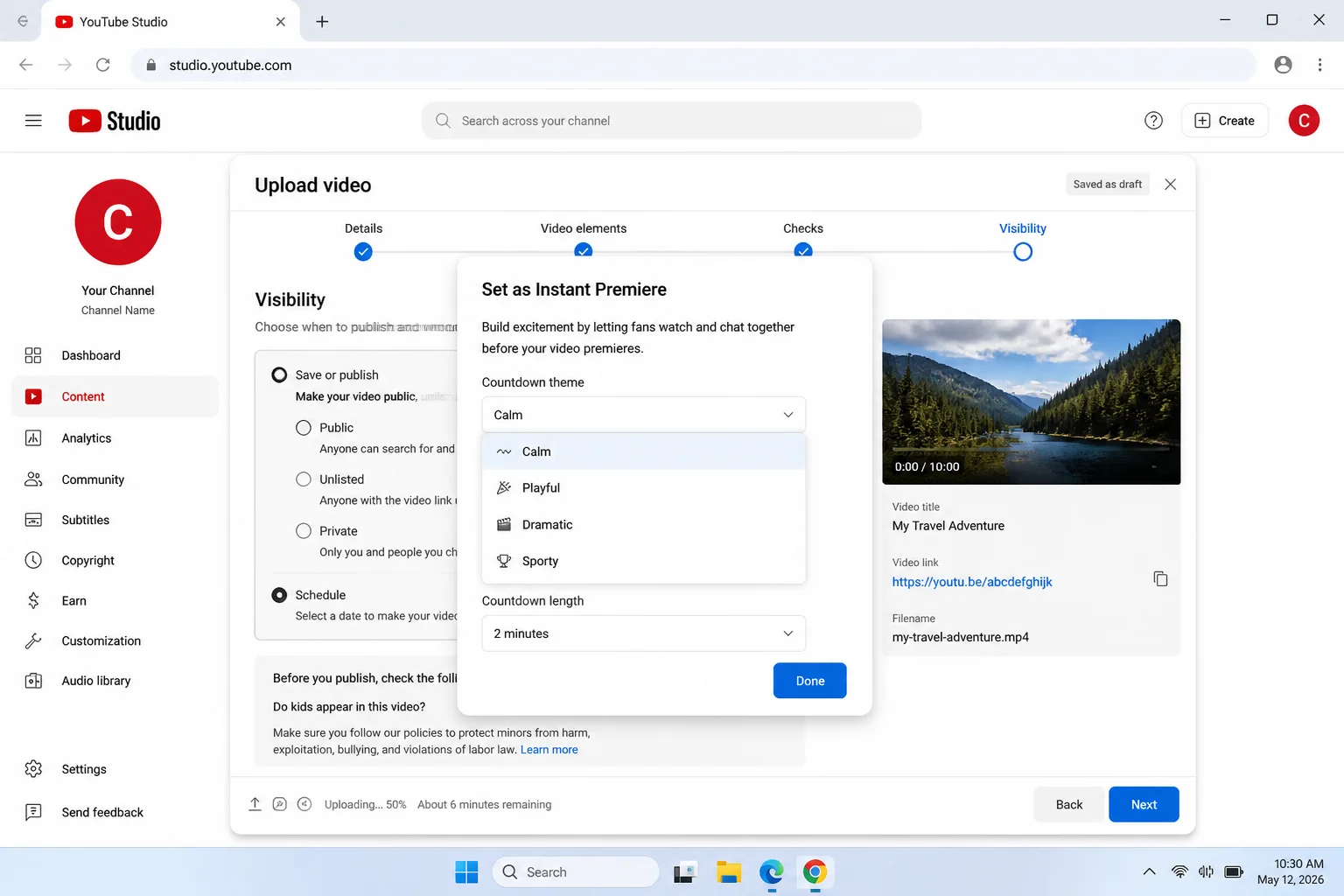 Set up Premiere panel with countdown theme, countdown length, and Done controls highlighted