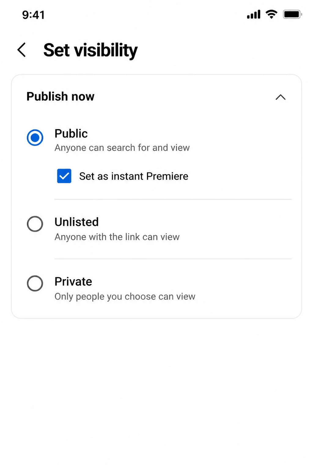 YouTube app Set visibility page with Set as Premiere highlighted