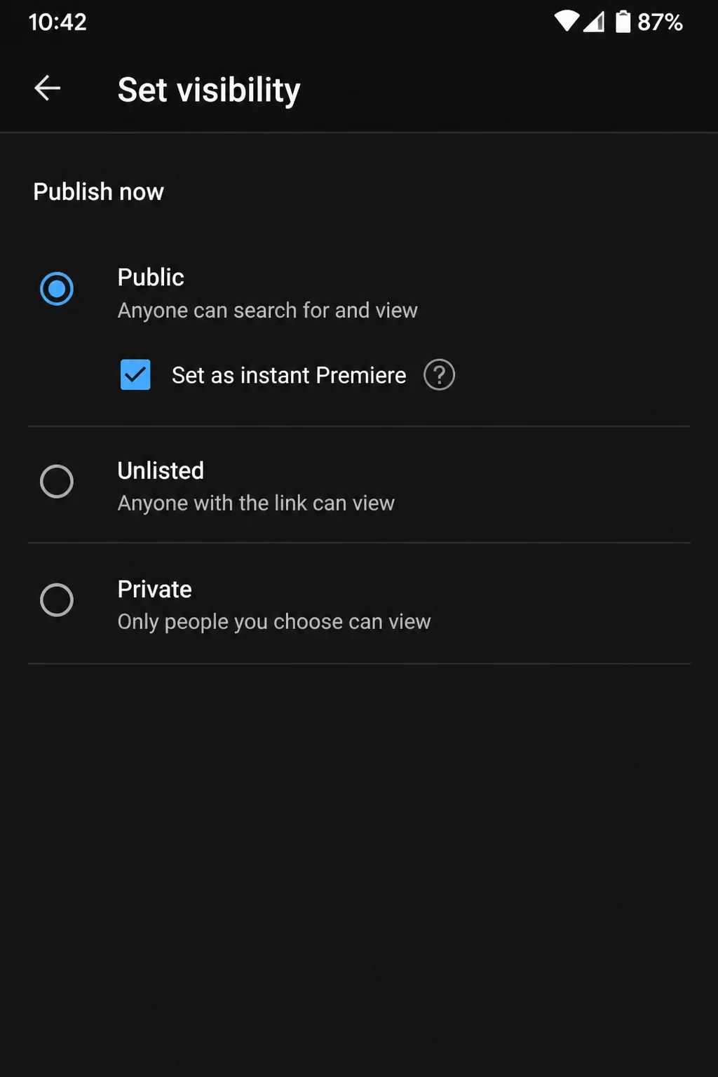YouTube app Set visibility page with Set as Premiere highlighted
