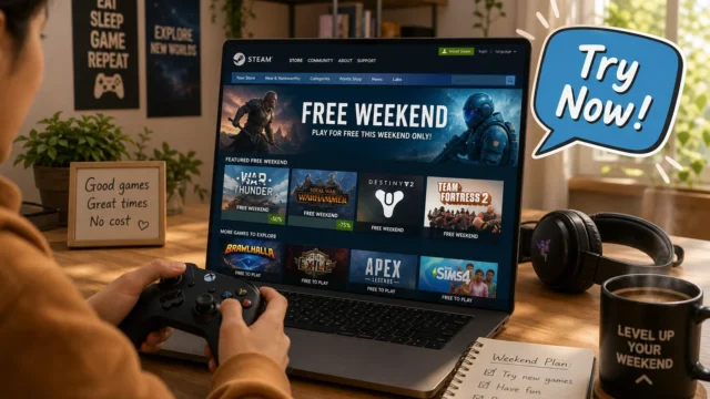 Person gaming on a laptop displaying Steam's 'Free Weekend' banner with a 'Try Now!' bubble nearby. - how-to-preview-a-game-on-steam-for-free-featured
