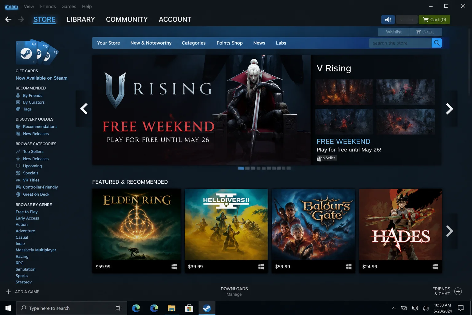 Steam Store homepage showing featured games, a Free Weekend promotional banner in the main carousel, and the Free to Play